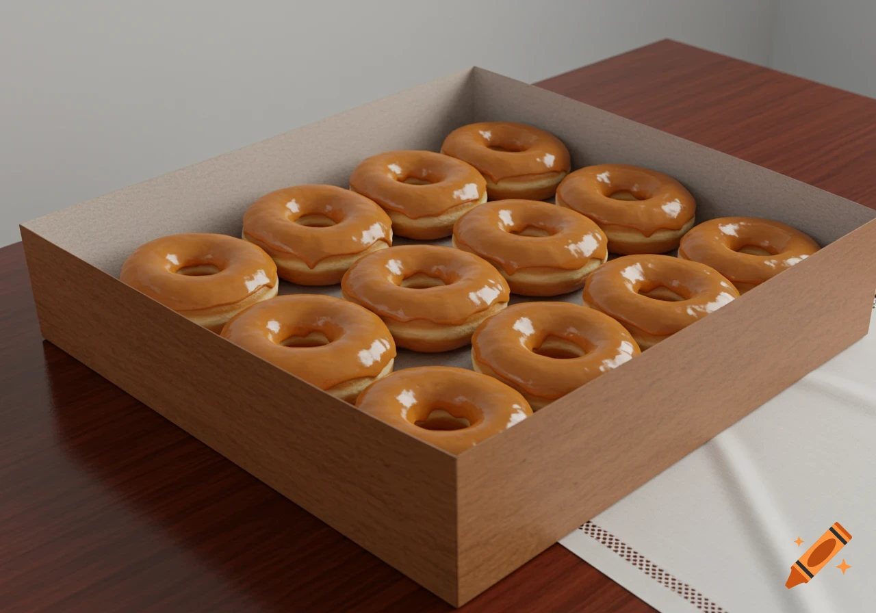 A box filled with glazed donuts sits on a polished wooden table.
