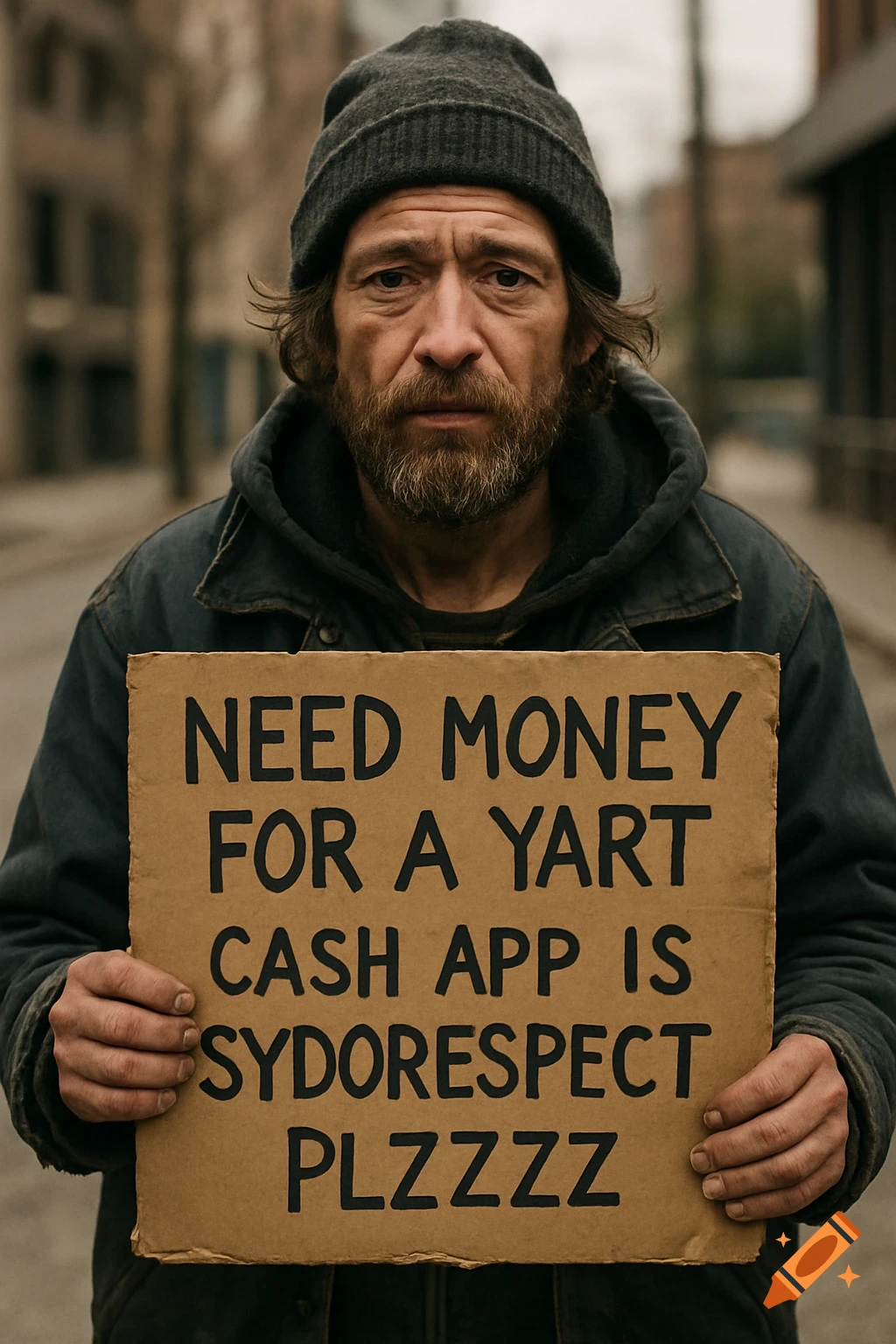 A homeless man in a beanie and jacket holds a sign on a city street.