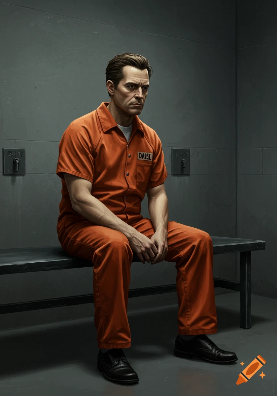 A man in an orange jumpsuit sits on a bench in a stark jail cell, digital illustration.