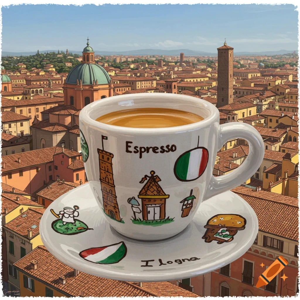 An illustrated espresso cup with Italian and Bologna symbols sits before a panoramic view of a city with red roofs and towers, likely Bologna.