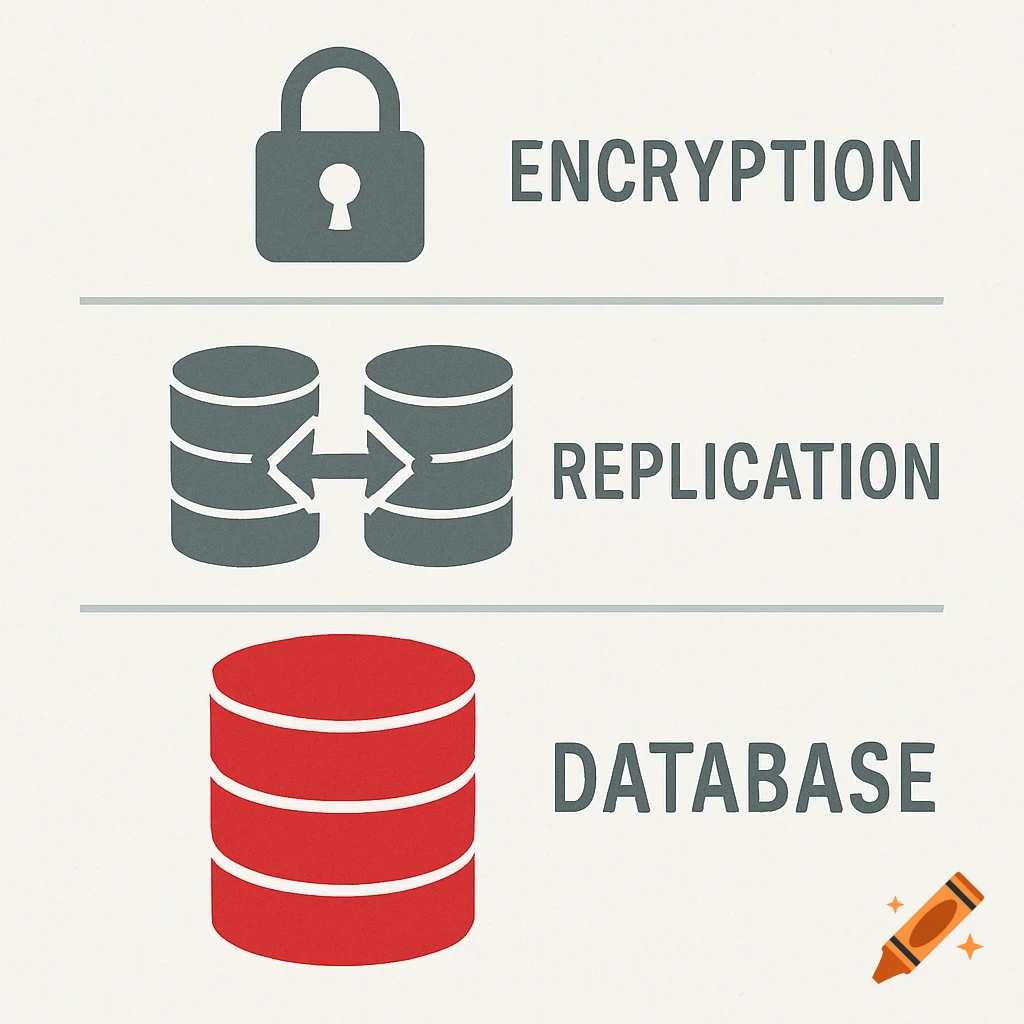 Diagram illustrating a technology stack with encryption (lock icon), replication (two server icons with arrows), and database (red cylinder icon) layers.