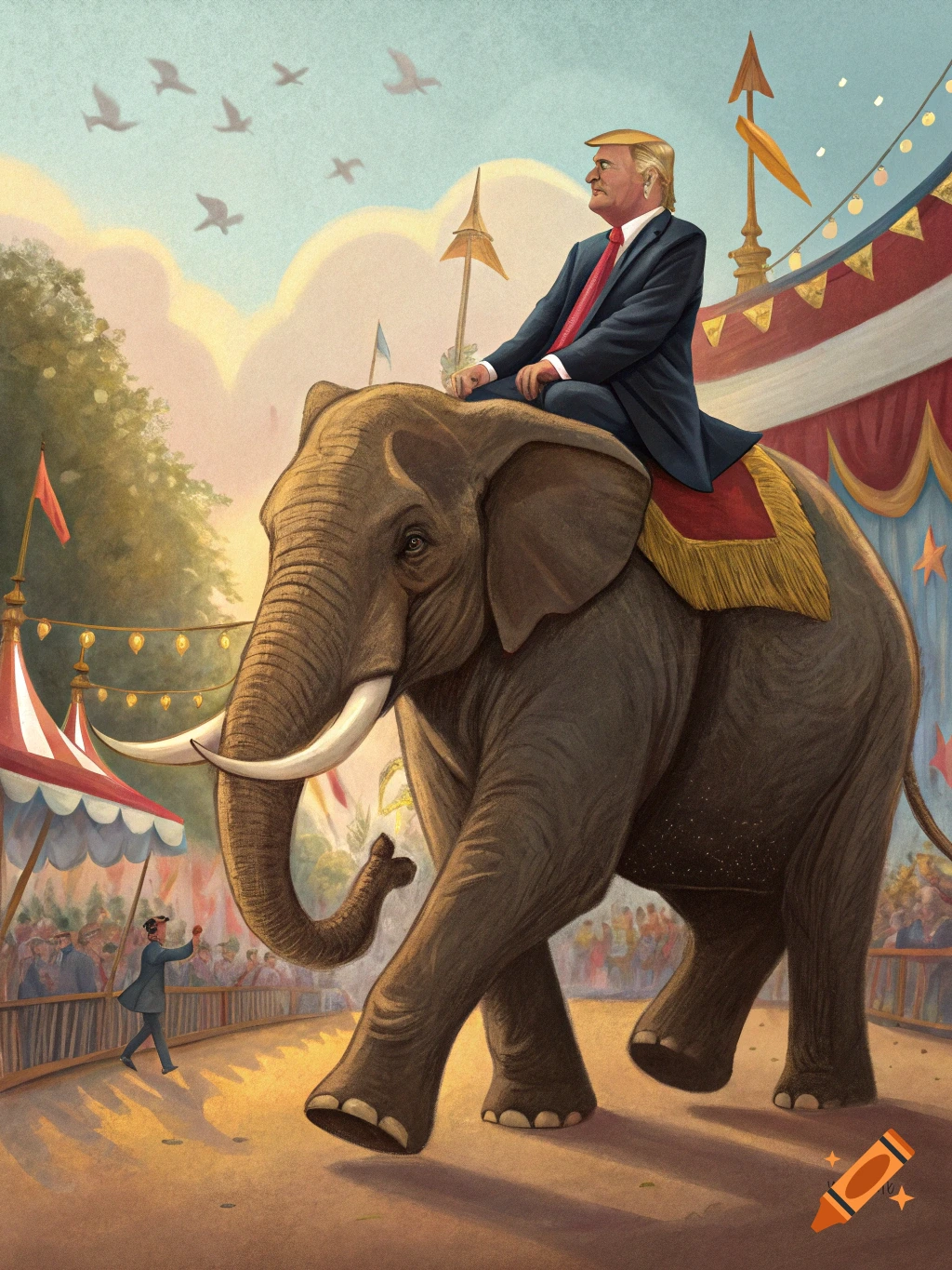 Illustration of Donald Trump riding an elephant in a circus parade.