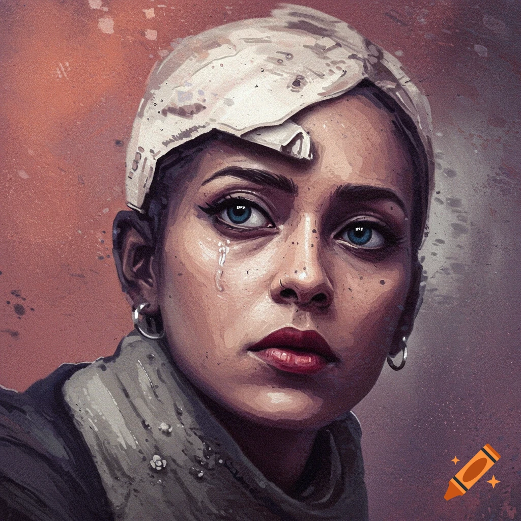 Close-up portrait of a woman with blue eyes crying, wearing a unique headdress, in a painterly modern art style.