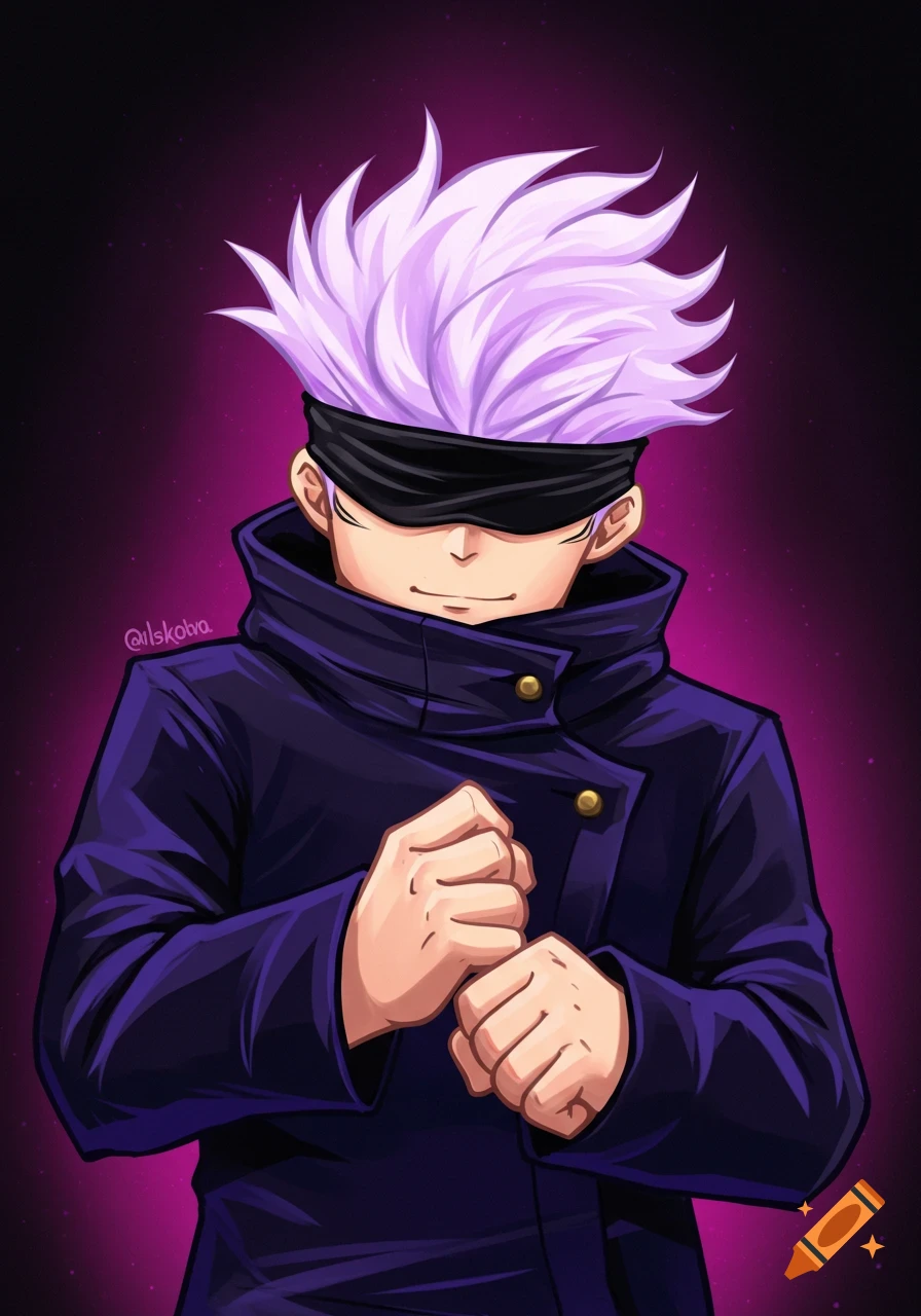 Anime illustration of Jujutsu Kaisen character Satoru Gojo wearing a blindfold, ready to fight.