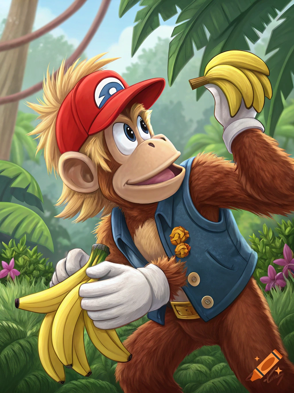 Cartoon Diddy Kong in a jungle holding bananas