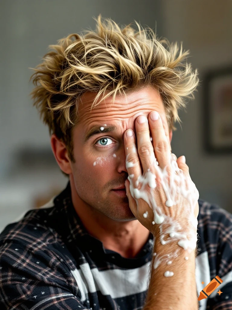 A man with messy blond hair and a hand covered in white foam partially covering his face.