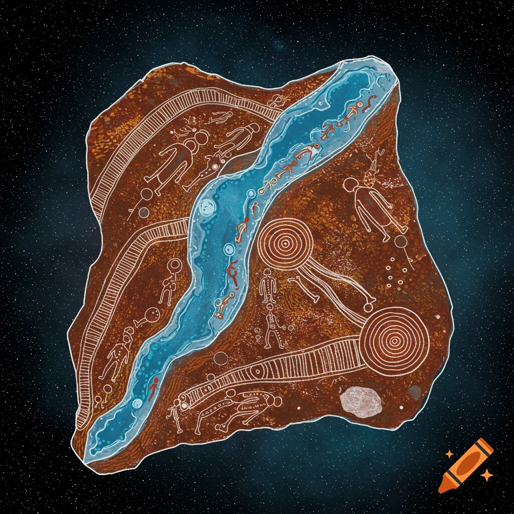 Aboriginal art style depiction of figures and a river on a rock against a starry background.