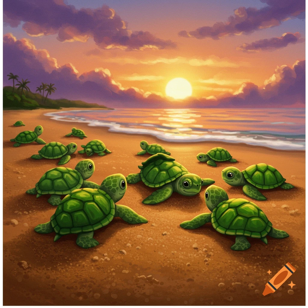 Baby turtles crawl on a sandy beach towards the ocean under a colorful sunset sky in an illustration.