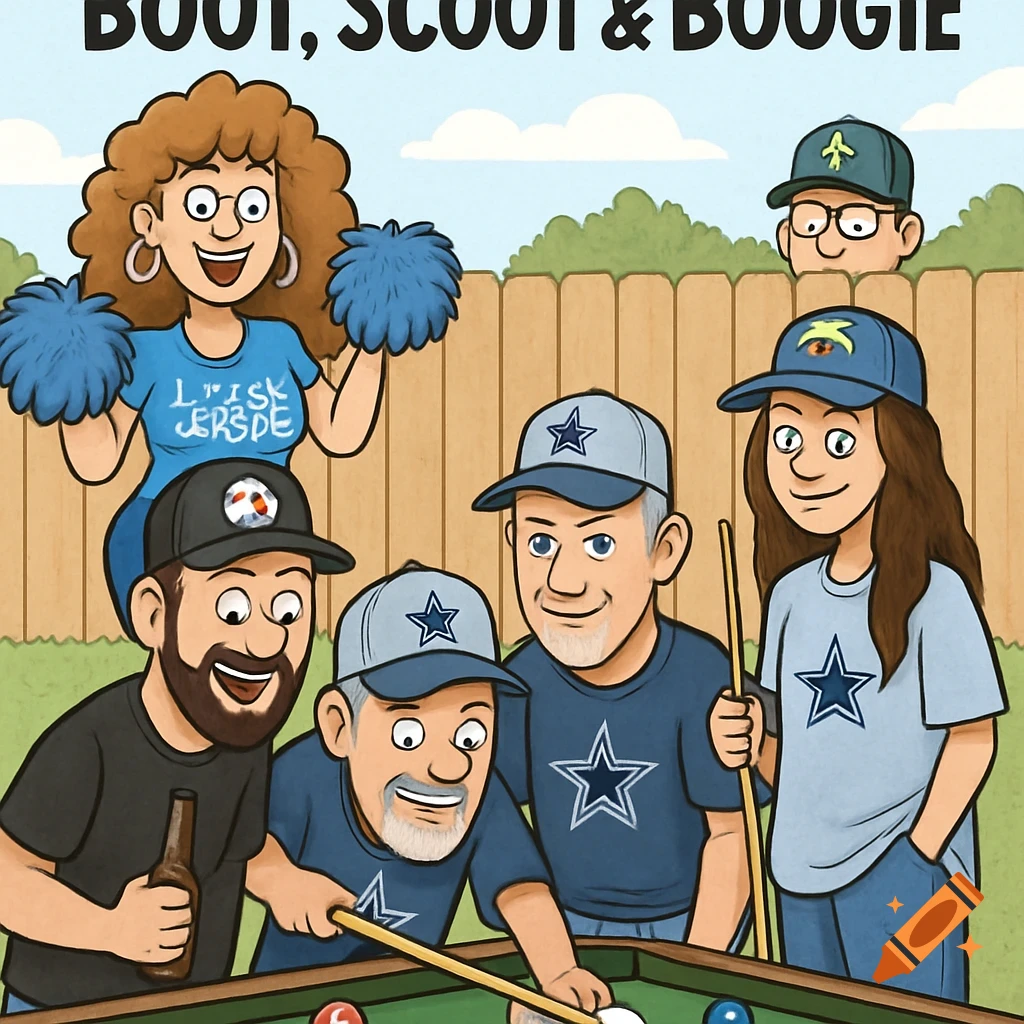 Cartoon group playing pool in a backyard, wearing sports gear. Text at top reads 'Boot, Scoot & Boogie'.