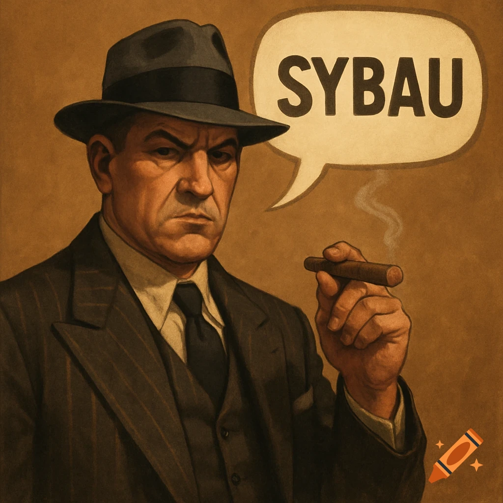 Illustration of a gangster smoking a cigar with a speech bubble saying SYBAU.