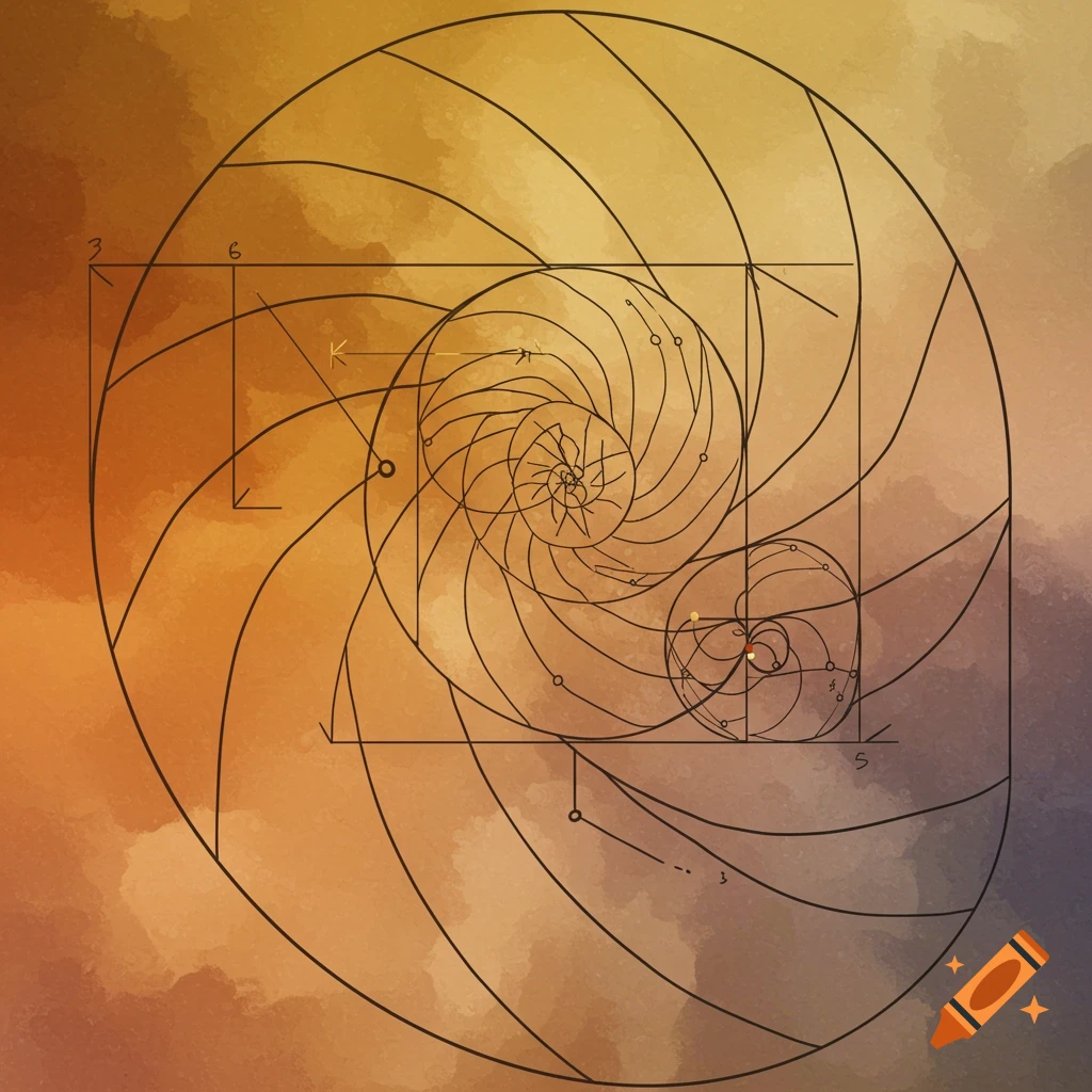 Diagram showing the golden ratio or Fibonacci spiral on a textured background.