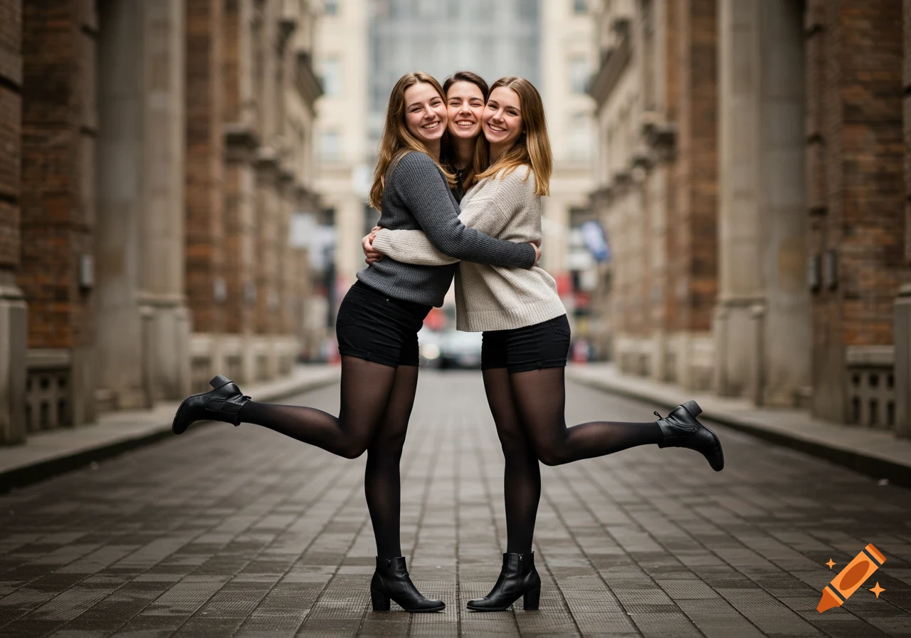 Three smiling women hug tightly in a cobblestone street between buildings.