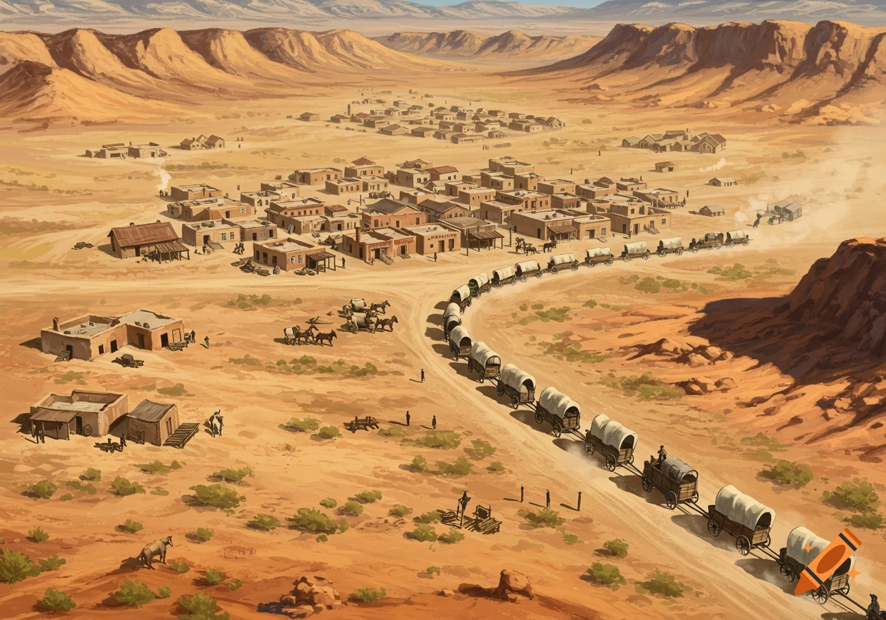 Aerial illustration of a Western town in a desert valley with a train of covered wagons approaching.