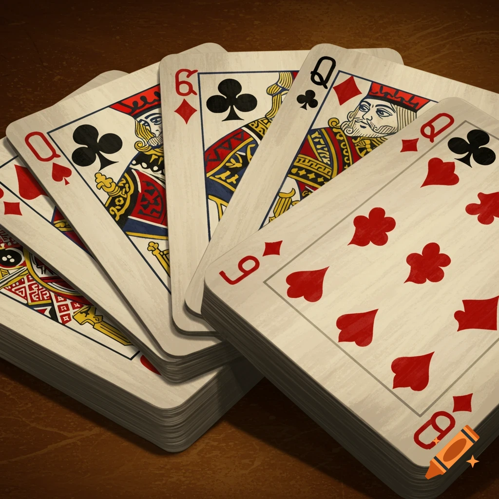 A fan of playing cards and a deck on a table.