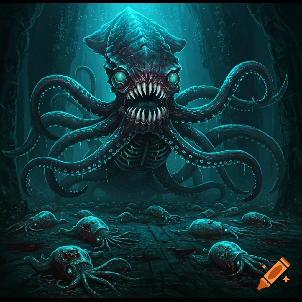 A large, ferocious monstrous squid with teeth and tentacles looms over a ground covered in many smaller, dead squid-like creatures.