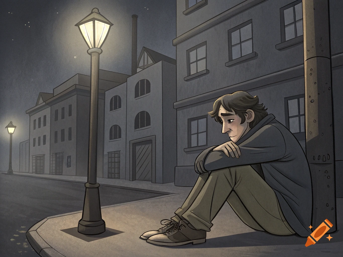 Illustration of a sad person sitting on a curb under a street lamp at night.