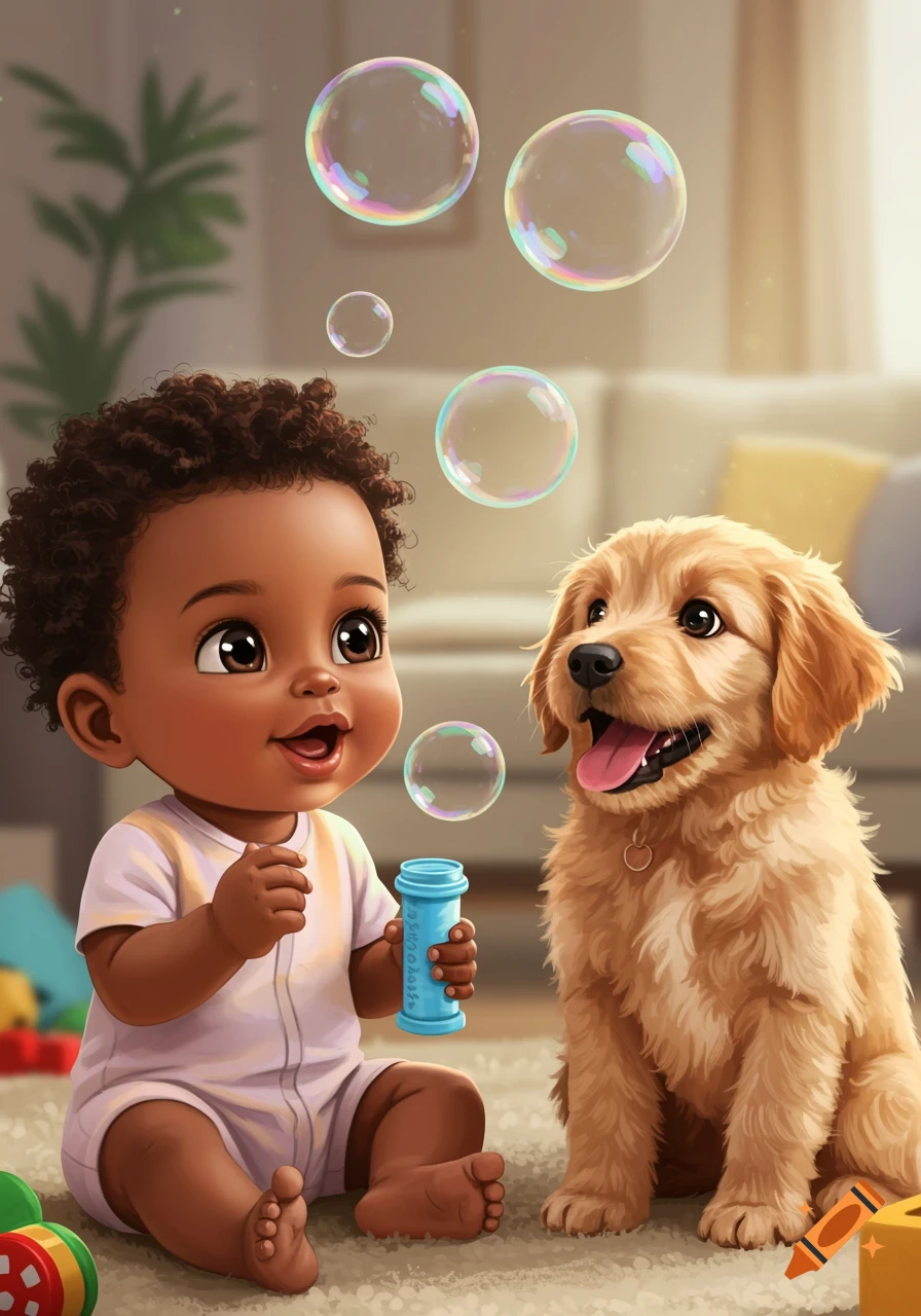 Digital painting of a cute baby and golden retriever puppy with bubbles.