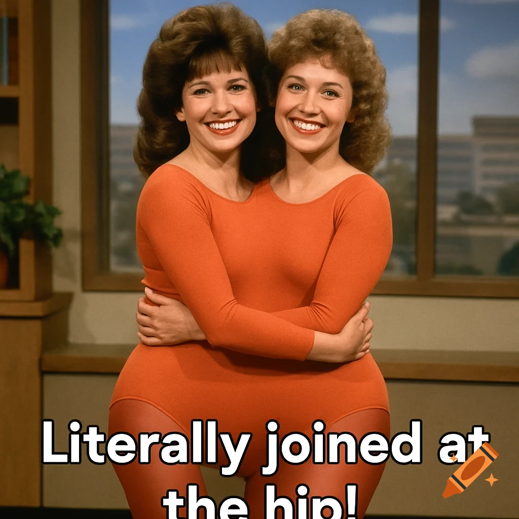 Two women, merged into one body with two heads, wear orange leotards and smile for a photo, 80s TV style. Text reads 'Literally joined at the hip!'.