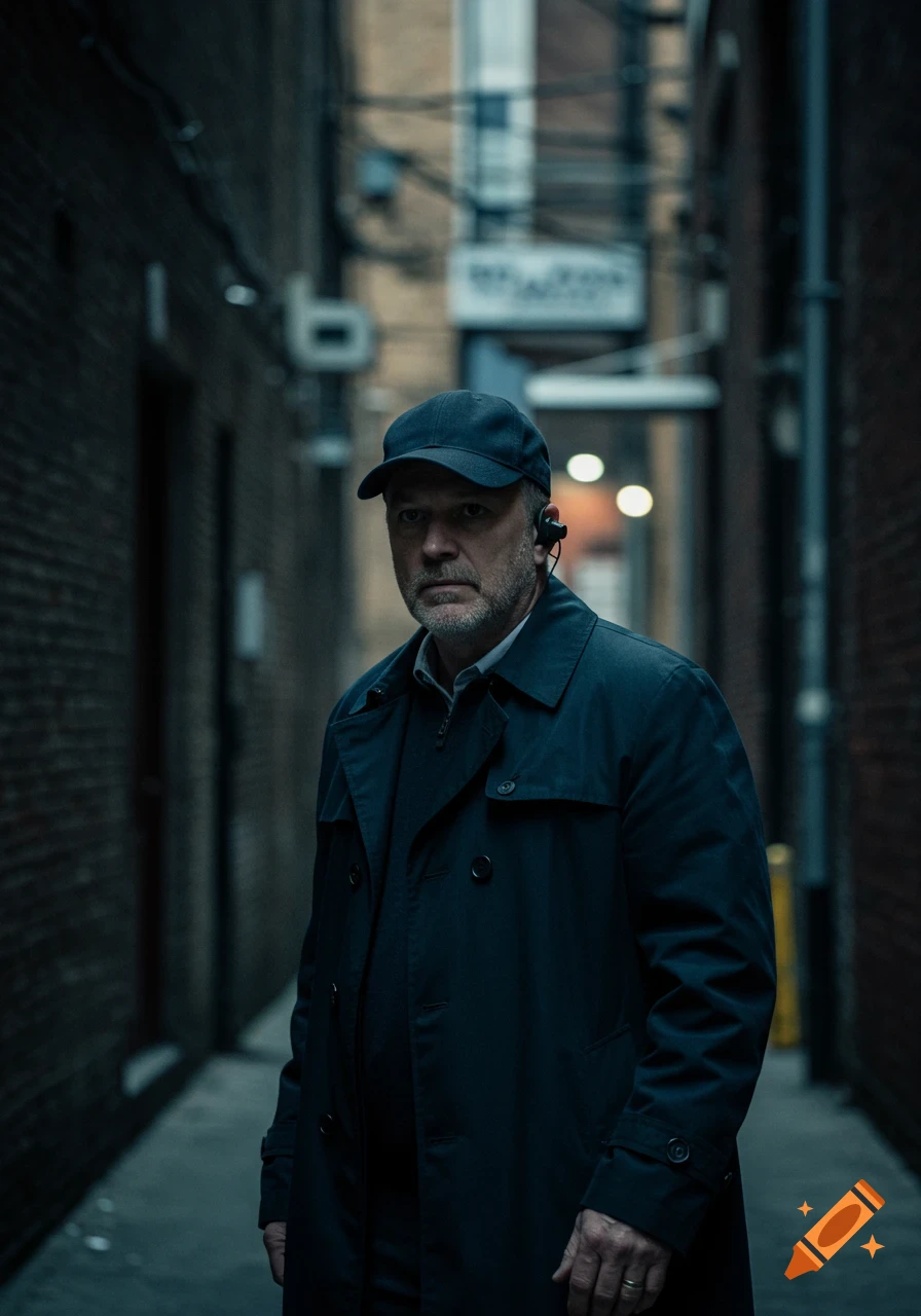 Man in dark alley wearing cap and trench coat, looking serious, photo.