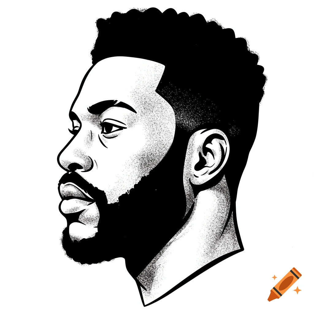 Black and white illustration of a man's profile with beard and mustache.
