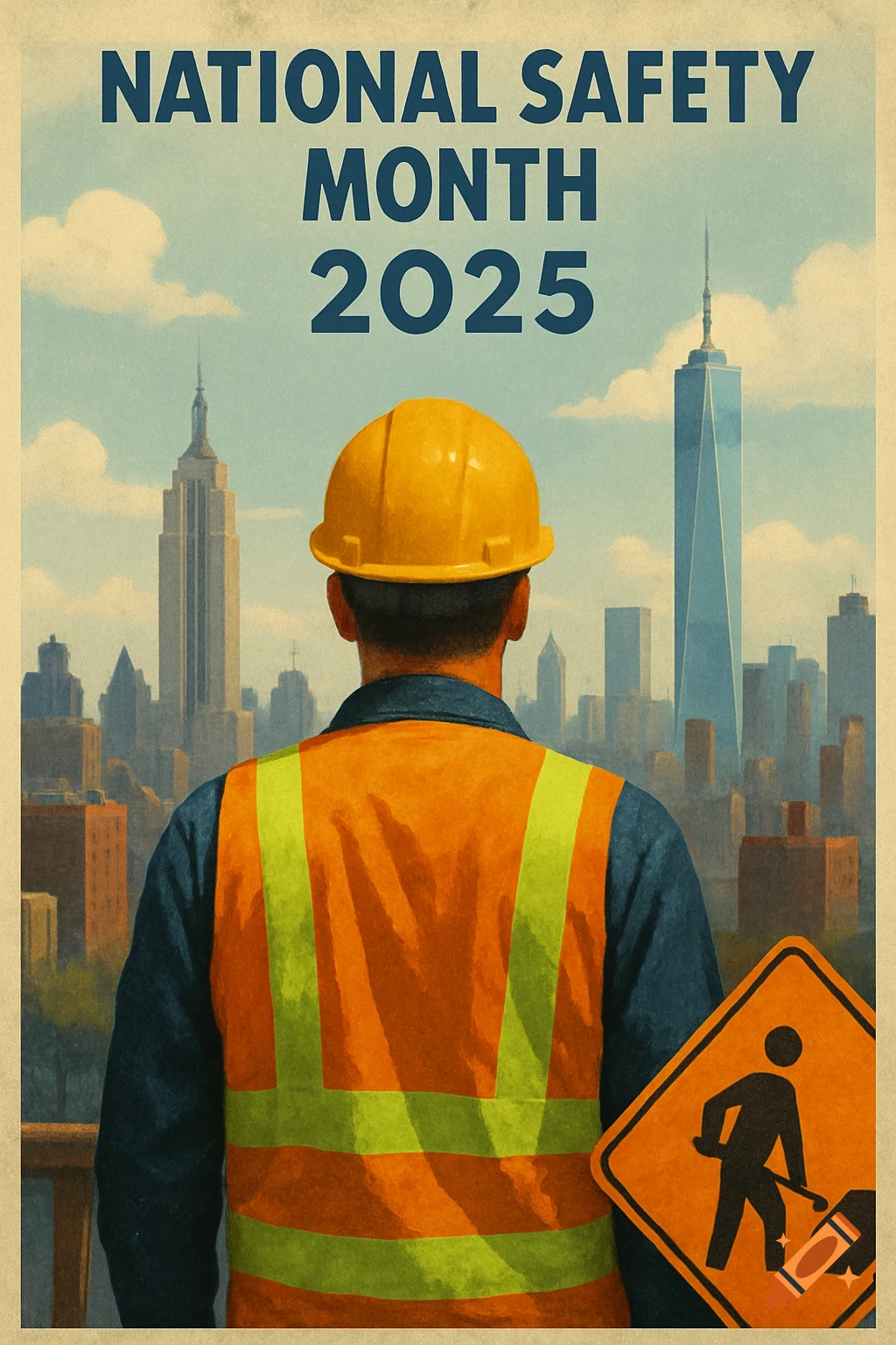 Illustration of a construction worker looking at the NYC skyline for National Safety Month 2025 poster.