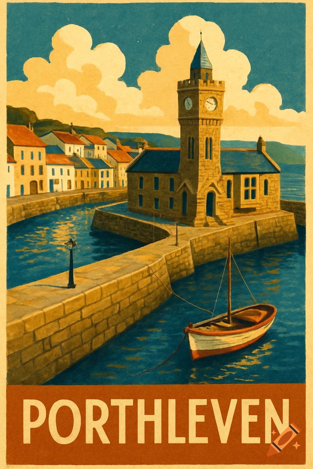 Vintage travel poster of Porthleven harbor with a clock tower building, houses, and a boat.