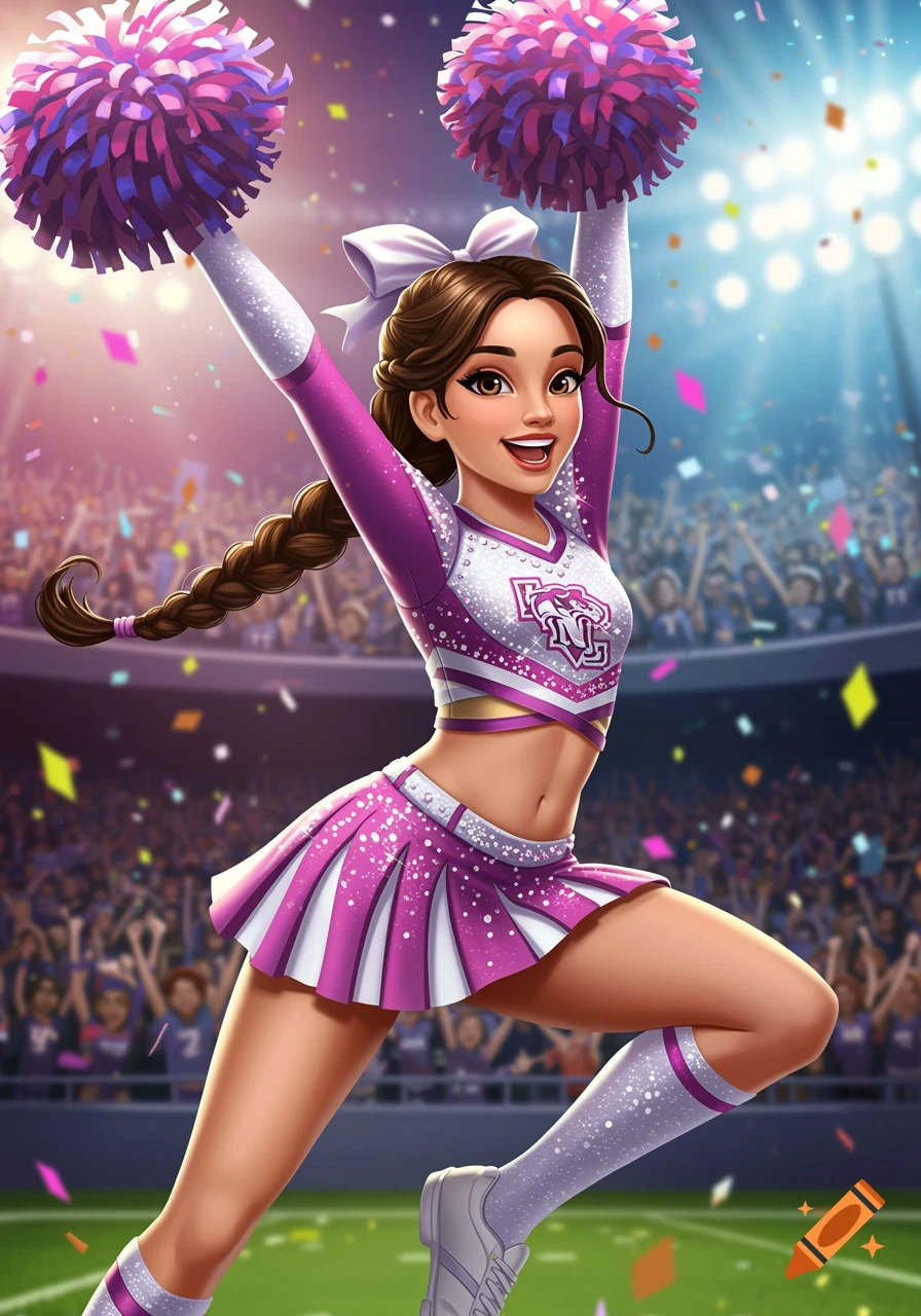 Animated illustration of a young cheerleader jumping and holding pom-poms in a stadium.