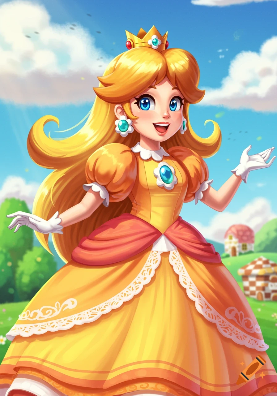 Illustration of Princess Daisy smiling in her yellow dress in a sunny ...