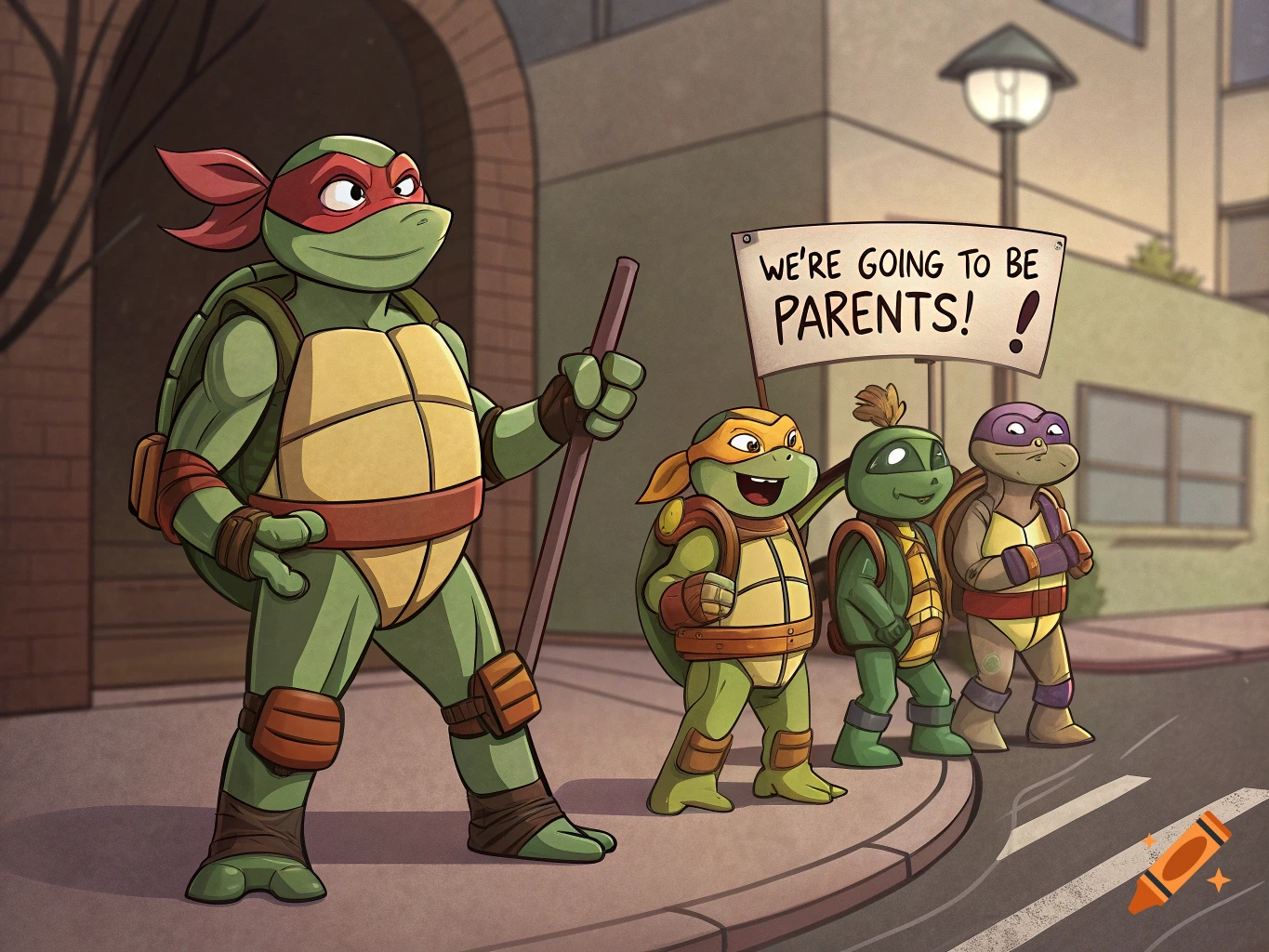 Cartoon illustration of Raphael standing while the other Teenage Mutant Ninja Turtles hold a 'We're Going to Be Parents!' sign.