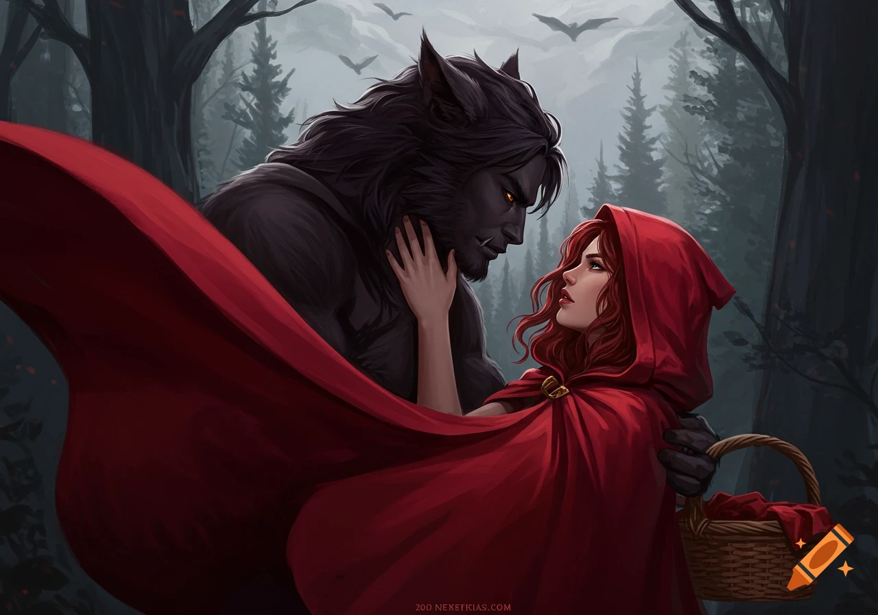Red Riding Hood embraces a werewolf in a dark forest, digital art style.