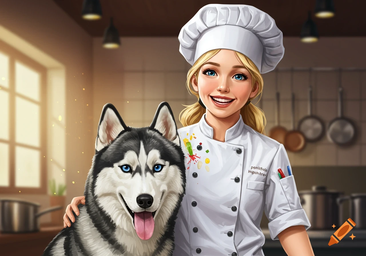 Illustration of a smiling blonde chef with a husky in a kitchen