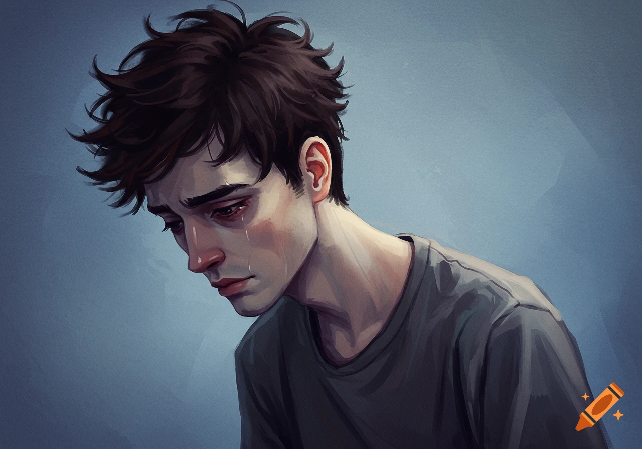 Illustration of a young man looking down and crying.