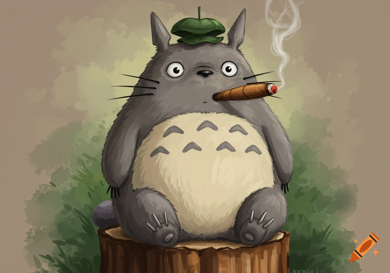 Stylized painting of Totoro sitting on a log, smoking a cigar.