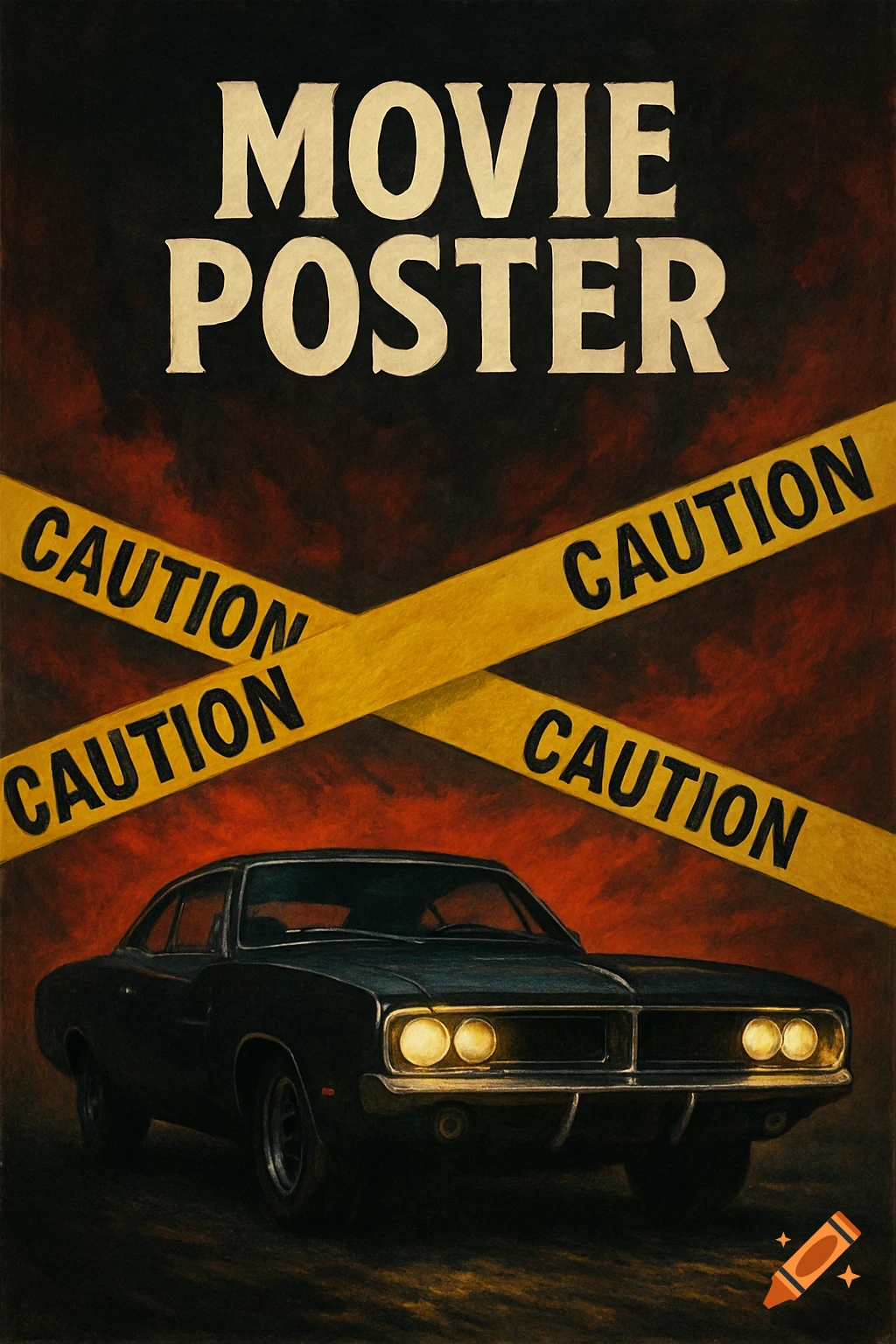 A dark movie poster featuring a black classic car below crossed yellow caution tape that reads 'CAUTION'. The title reads 'MOVIE POSTER'.