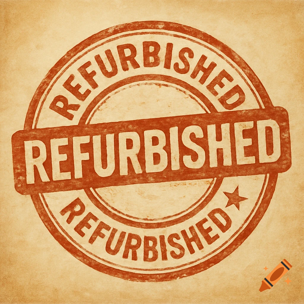 Red stamp logo with 'REFURBISHED' text on textured paper