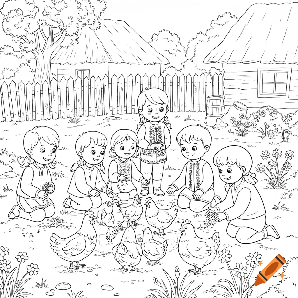 Black and white coloring page of children feeding chickens in a rural setting.