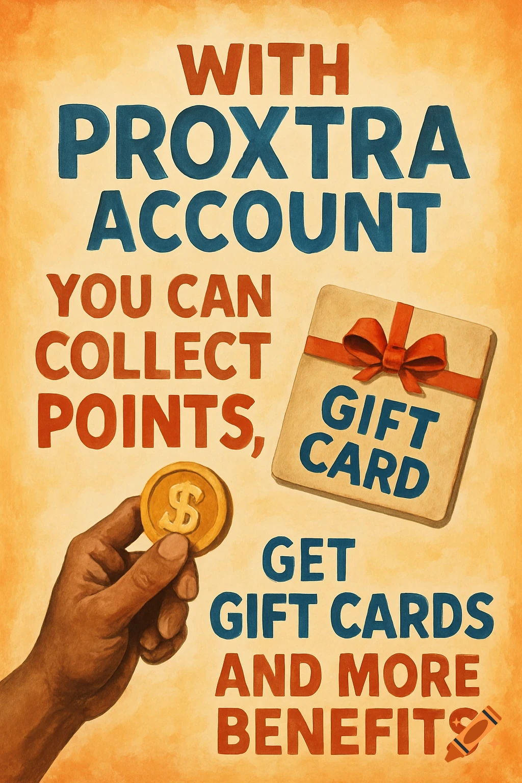 Vintage style poster advertising points and gift cards with text, a hand holding a coin, and a gift card.