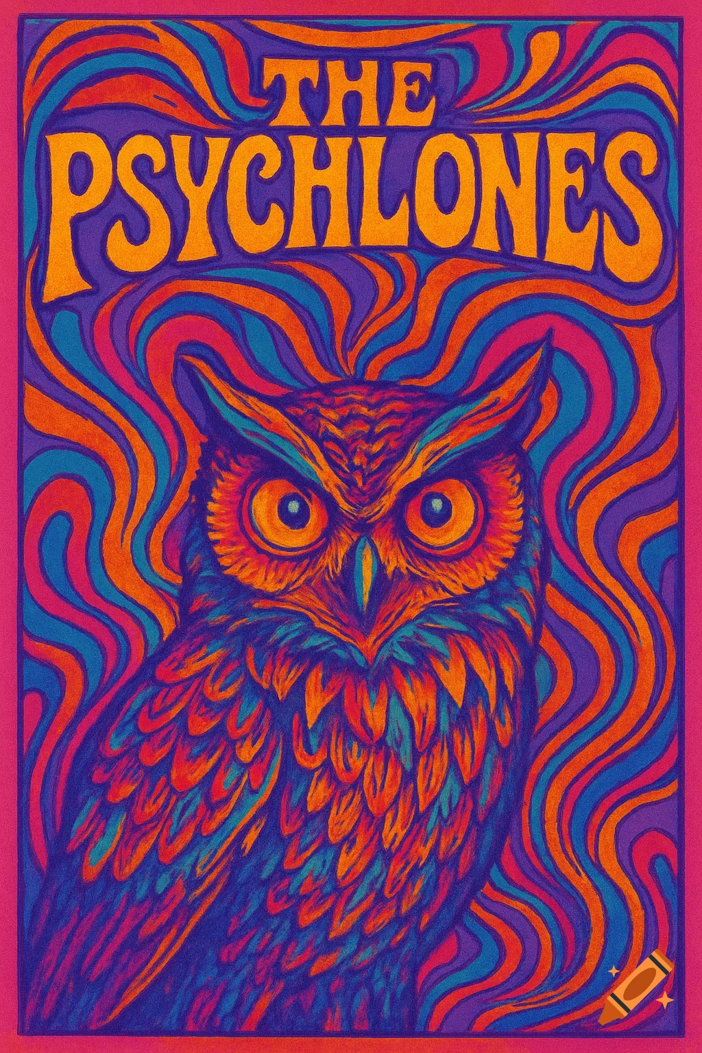 A psychedelic band poster featuring a colorful owl and the name The Psychlones