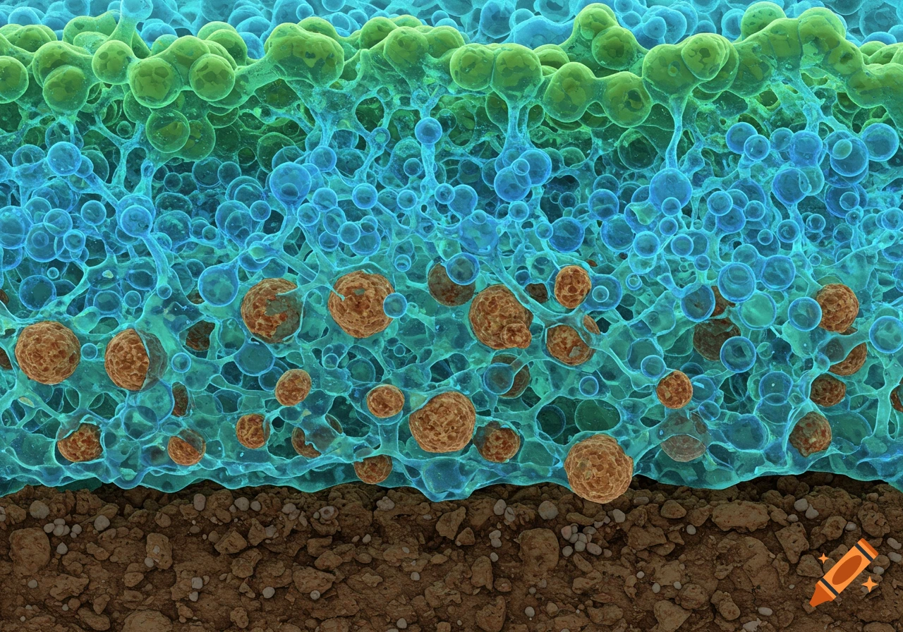 Microscopic view of green and blue gel-like substance binding brown soil particles.