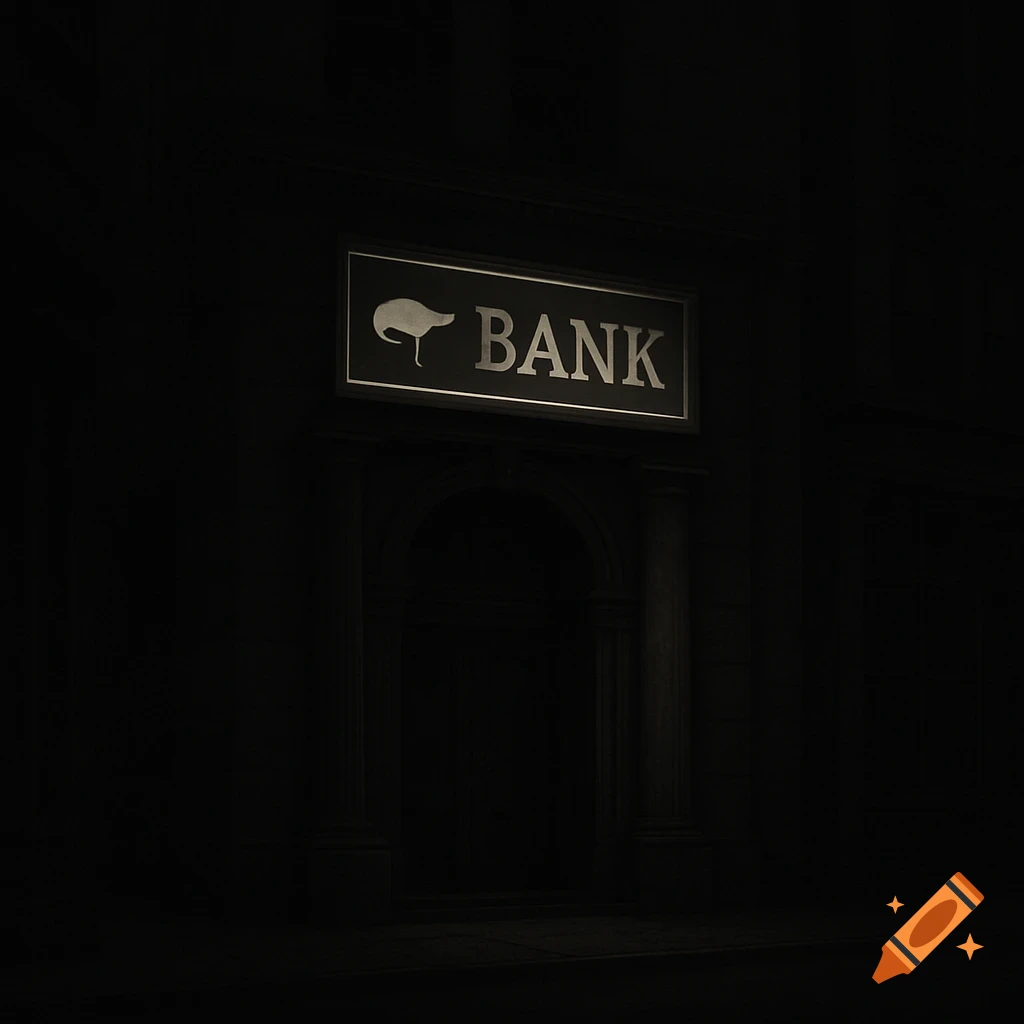 A lit bank sign with a whale logo on a dark building.