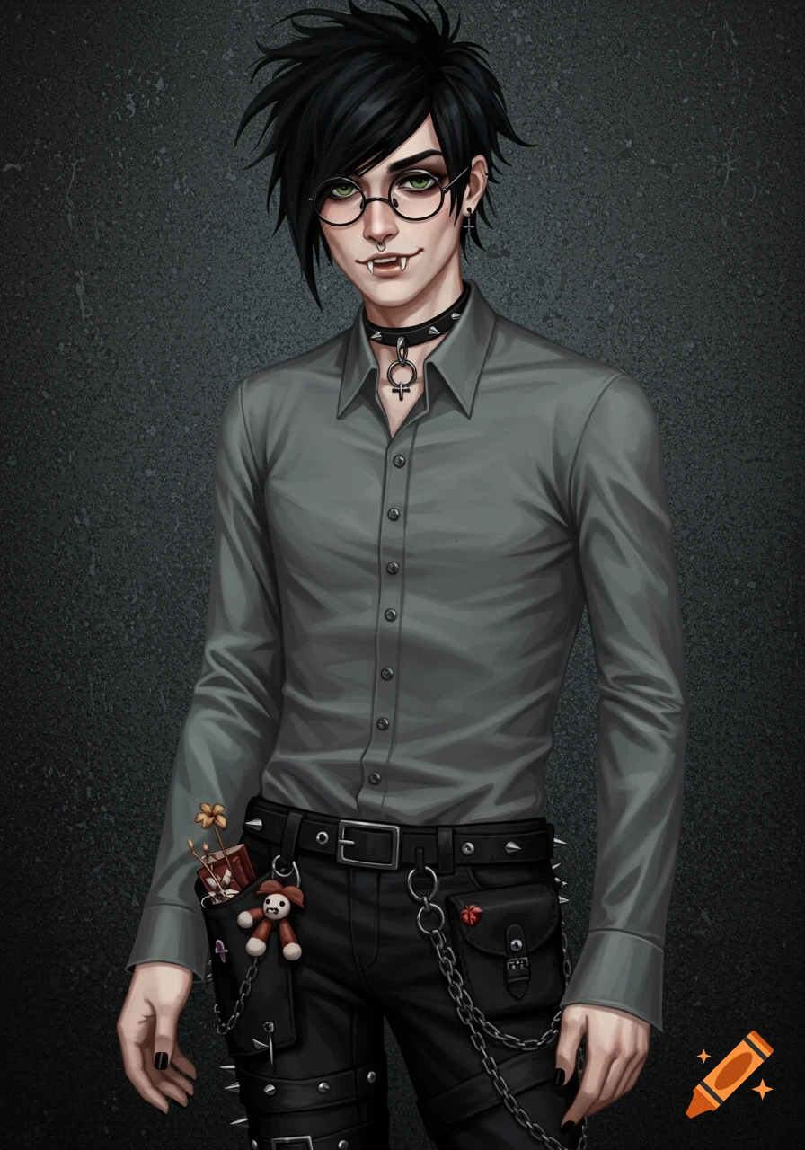 Illustration of a gothic man with fangs, glasses, and messy black hair, wearing a grey shirt and studded black pants.