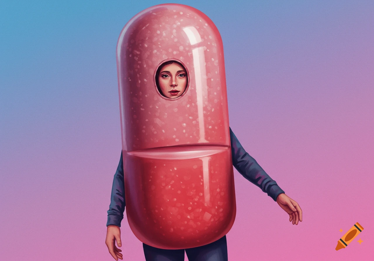 A person wears a large red pill costume against a gradient background.