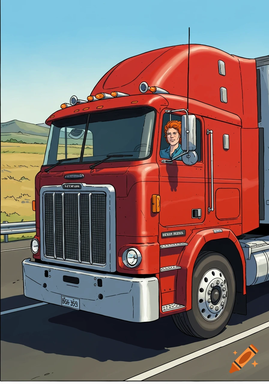 Comic illustration of a ginger-haired driver in a red Freightliner COE truck on a highway.