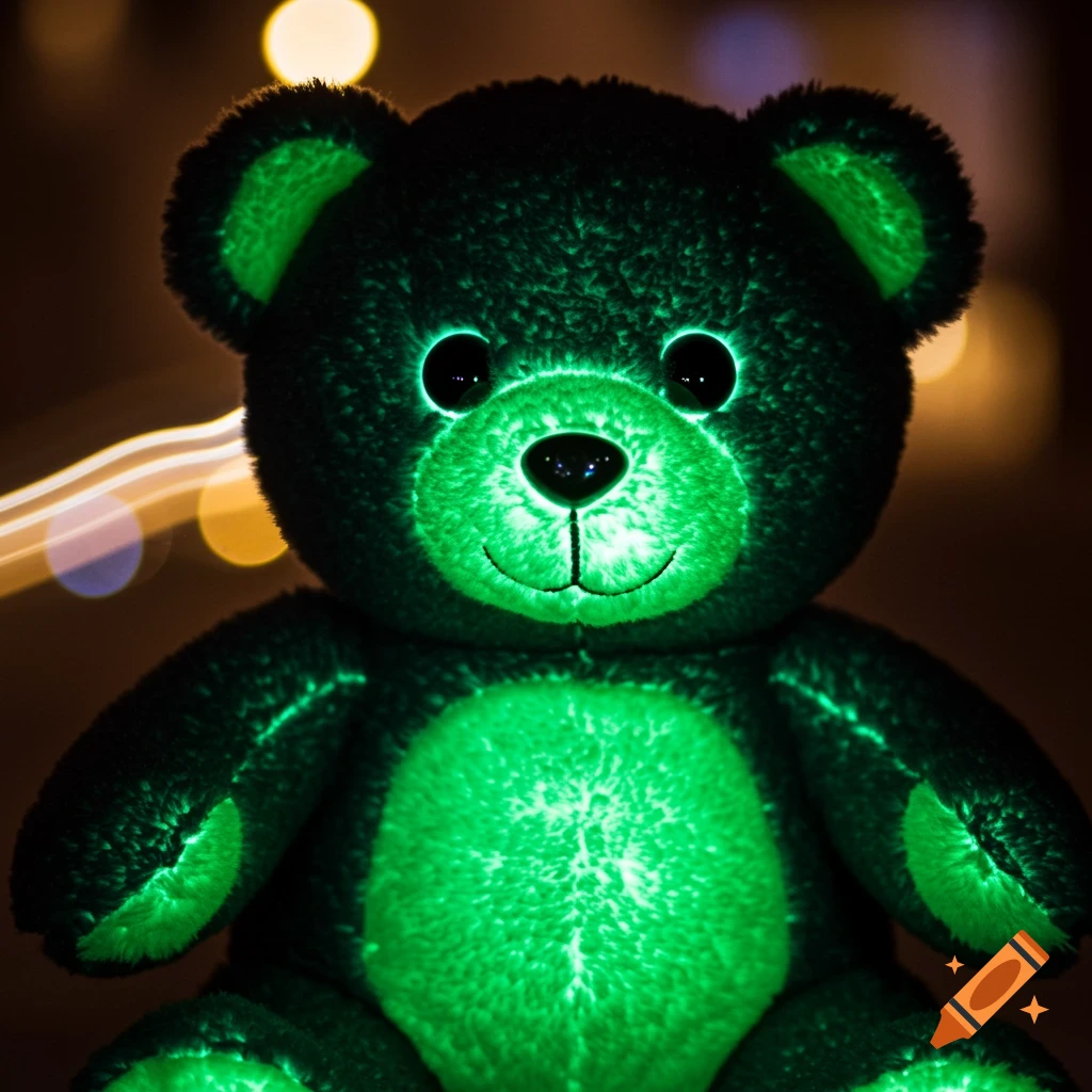A black teddy bear glowing bright green in the dark