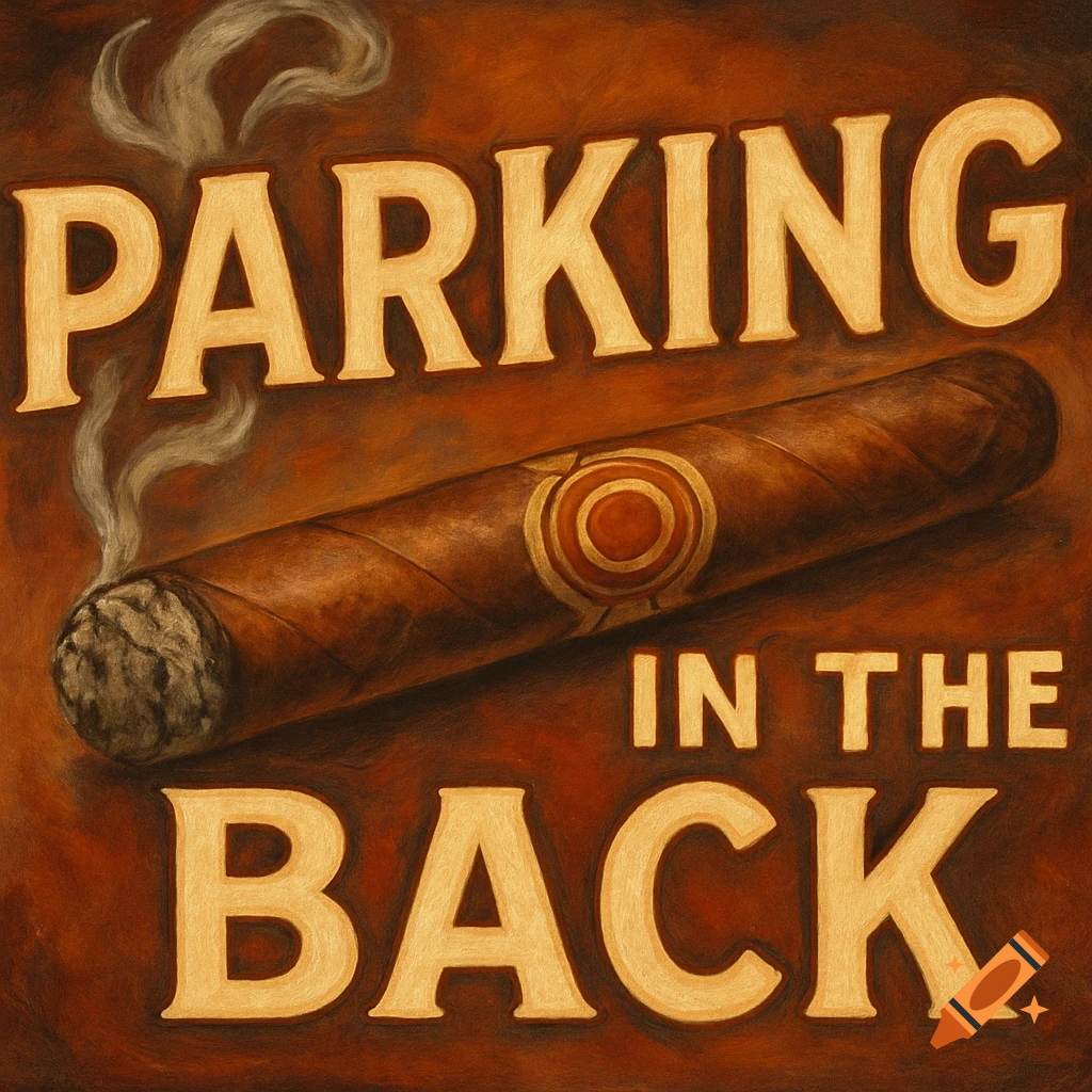 A painting or drawing of a lit cigar with the text "PARKING IN THE BACK".