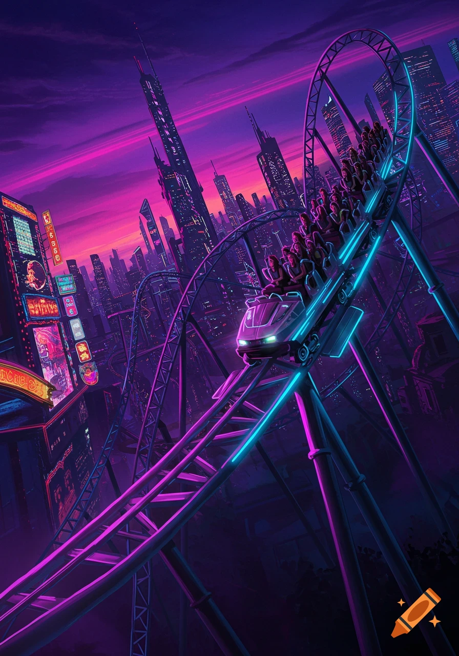 A roller coaster races through a futuristic city at sunset with neon lights
