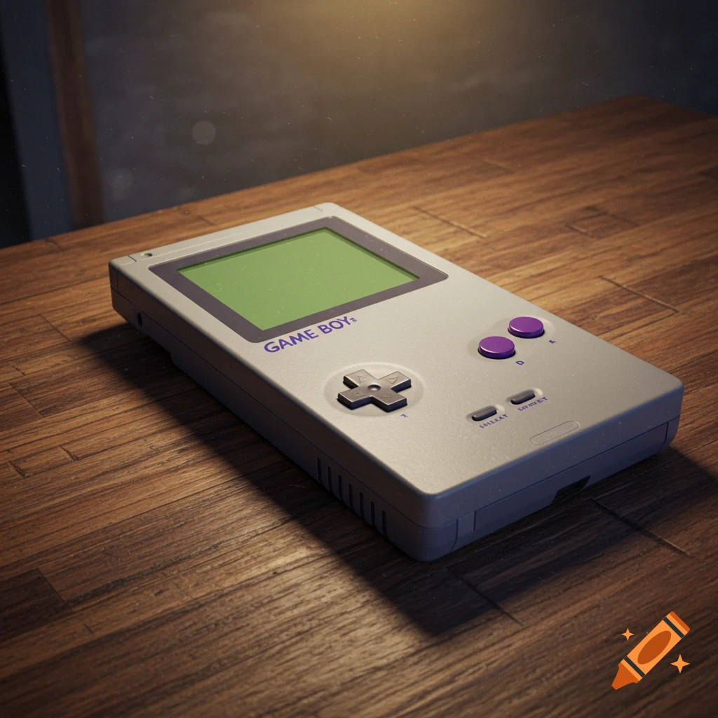A classic grey Game Boy console with purple buttons lies on a wooden table.