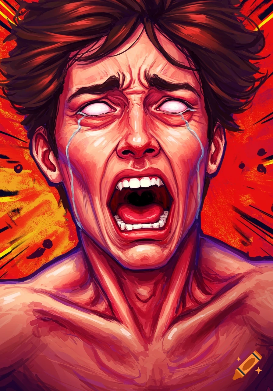 Stylized illustration of a person screaming in pain with white eyes and tears.