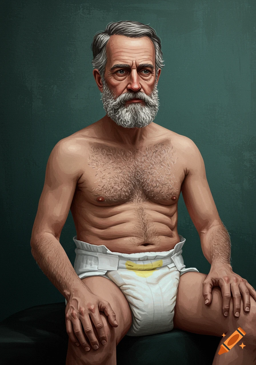 Digital painting of an older man with a beard sitting down wearing a diaper.