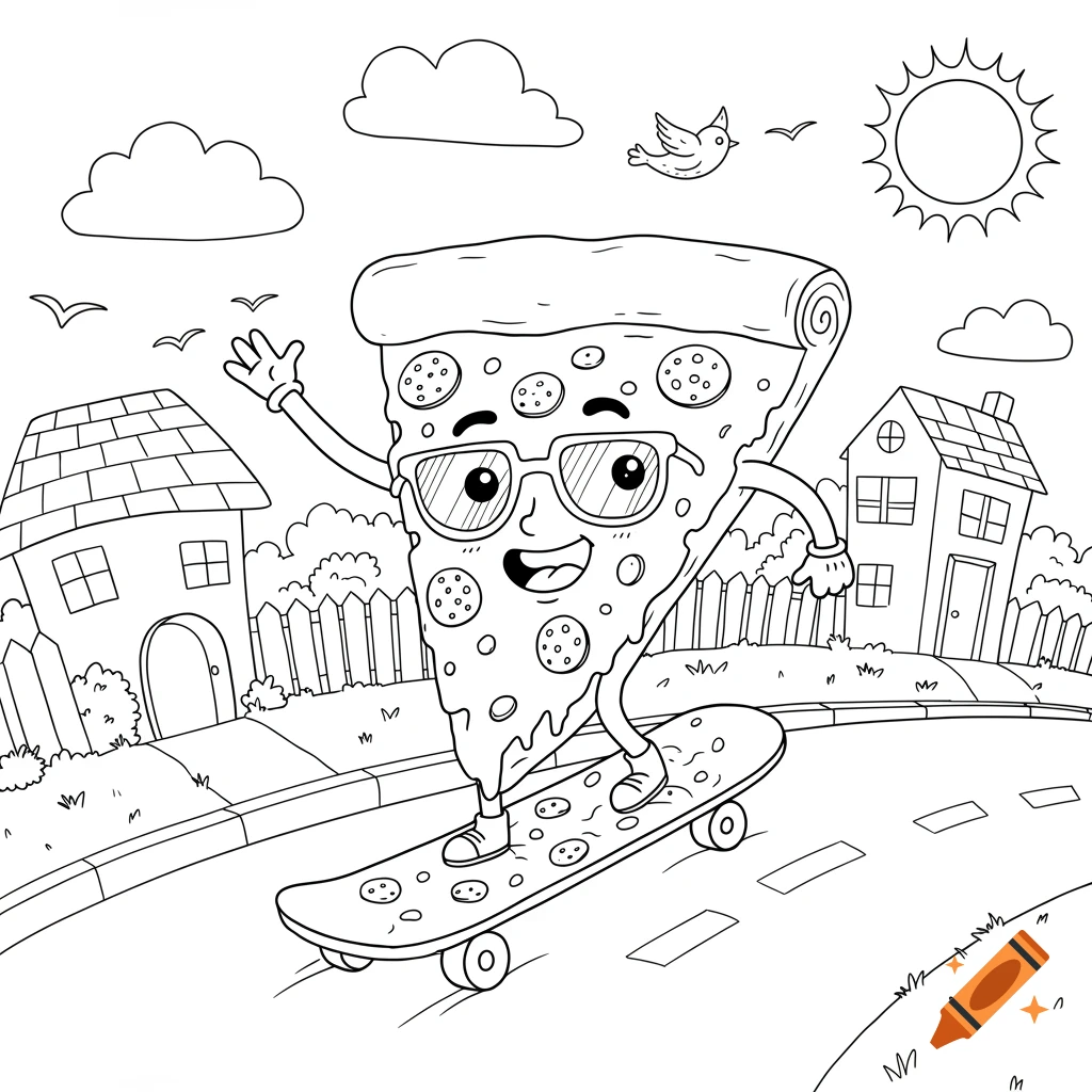 Cartoon pizza slice character with sunglasses riding a skateboard on a street coloring book page.